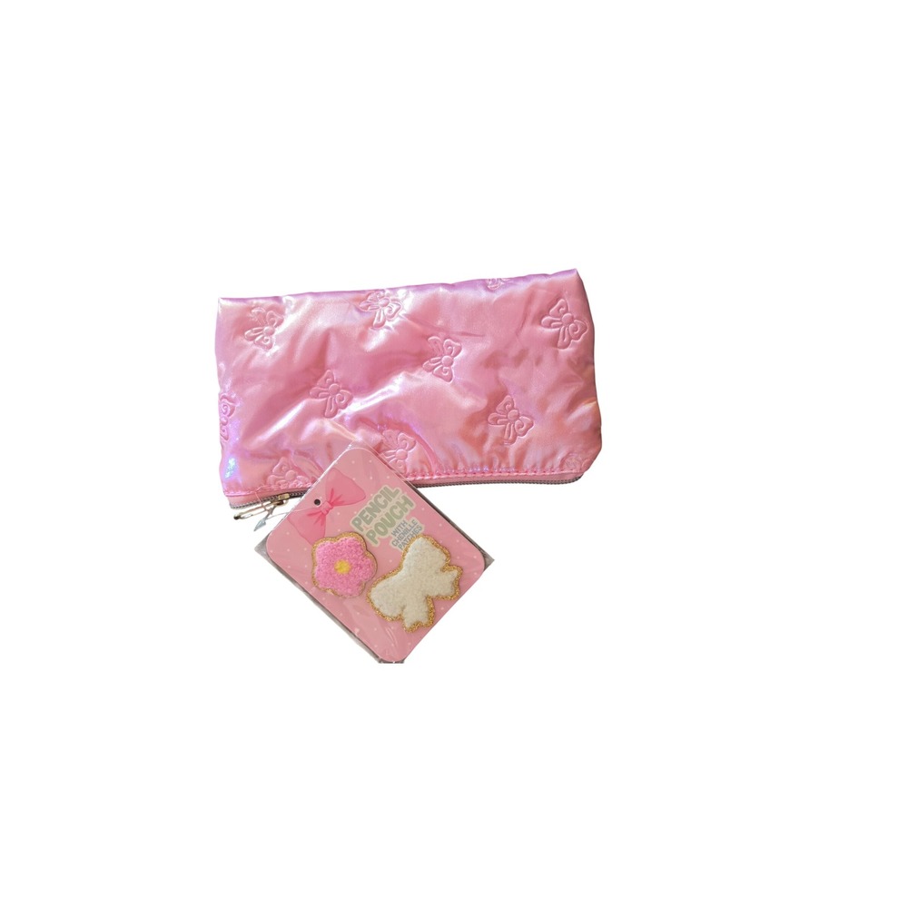 Pink Metallic Butterfly Pencil Pouch with Chenille Patches Set Y2K Aesthetic